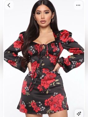 Fashion Nova Black Mini Dress with Red Floral Print